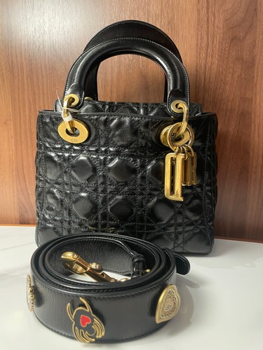 Authentic Dior Lady Dior Small Black Leather Cannage Studded Bag Gold Hardware