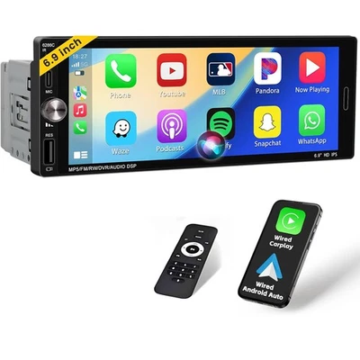 RACRDO 6.9" Single 1DIN Car Stereo Radio Apple CarPlay Android Auto Touch Screen BT MP5
