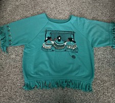 Vintage 1987 Southwestern Fringe Sweatshirt Turquoise Studded Native American -L