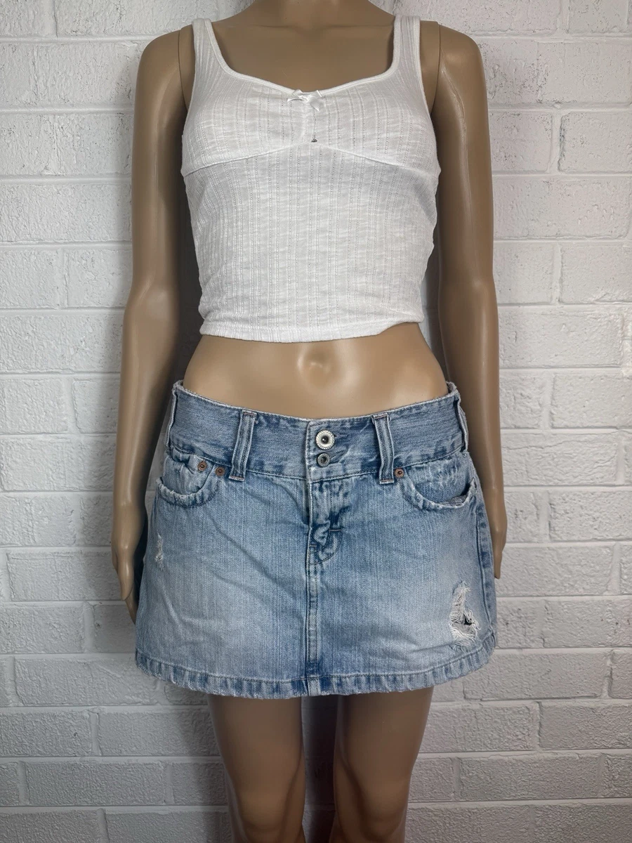 Jupe Vintage American Eagle – Taille 4 – Denim Vieilli Micro Mini Ourlet Brut – Année 2000 Y2K