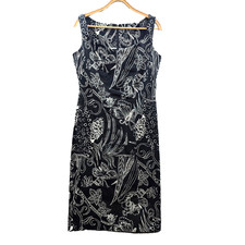 Blooms Vintage Dress Womens Pencil Midi Size 12 Black Ivory Floral Sleeveless