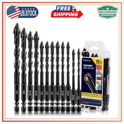 DYRECELVE 12-Piece Masonry Drill Bit Set, Concrete Bits, Carbide Cross Tip