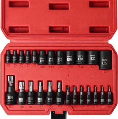 25 Piece Torx Bit and Socket Set, 13 Star Bits (T8- T60) T8-T60,E4-E22(25PCS) 
