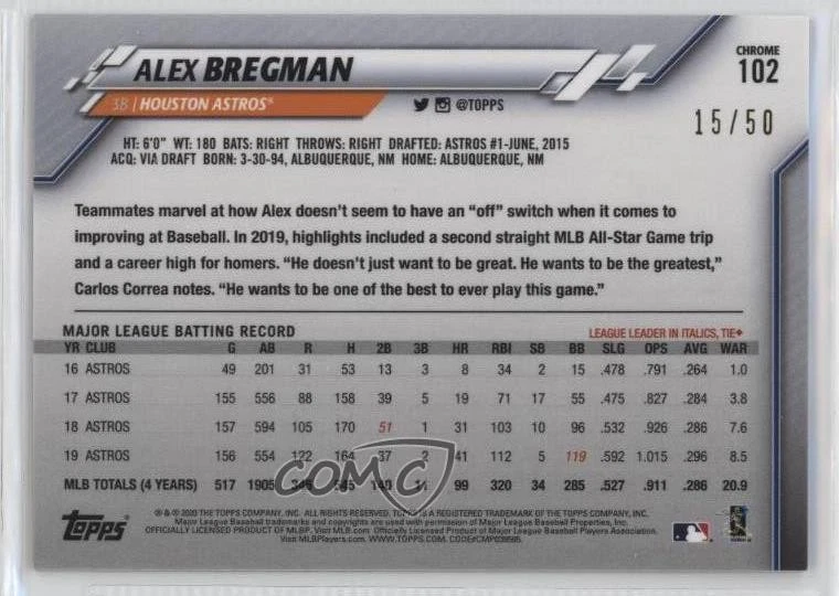 2020 Topps Chrome Gold Wave Refractor /50 Alex Bregman #102 - Image 2 of 2