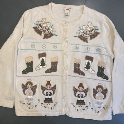 Bechamel Christmas Holiday Sweater Cardigan Womens 1x White Embroidered Beads