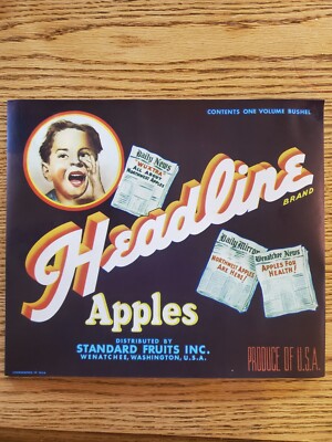Vintage Full Size Headline Brand Apple Wood Crate Label  Standard Fruits Stained