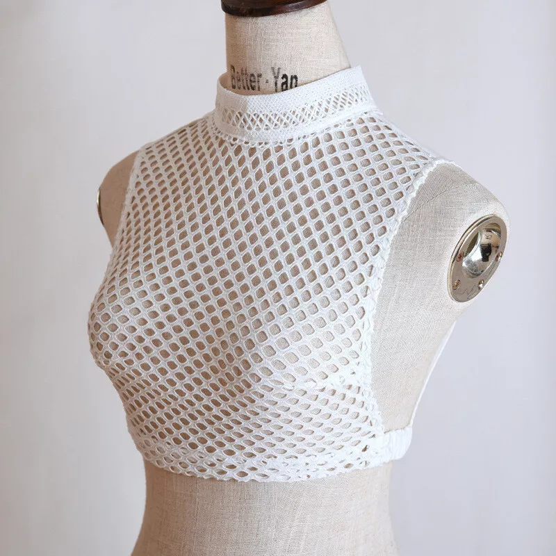 Women Fishnet Fake Collar Half Shirt High Neck Sleeveless Hollow Crop Top White