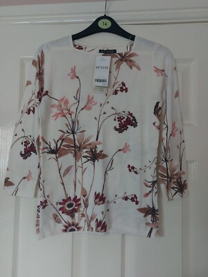Next Petite Damenpullover neu mit Etikett rosa Blumenmuster 3/4-Ärmel eng Strick UK 6 EU 34