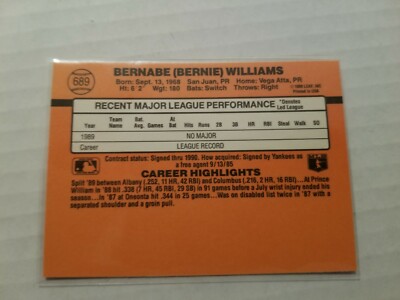 1990 Donruss Bernie Williams RC #689 ERROR Card No Period after