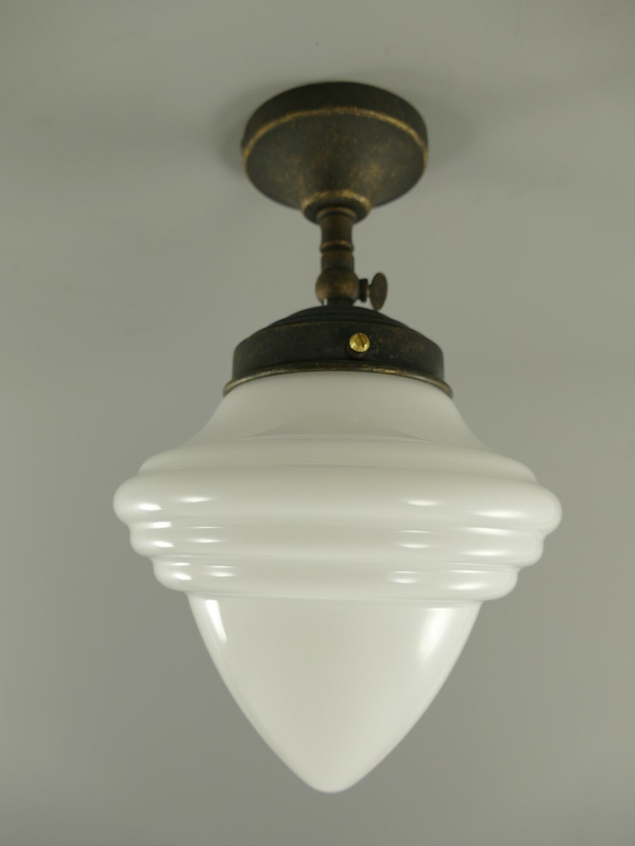 Hängelampe Art Déco Opalglas Jugendstil Deckenlampe In Messing Brüniert Mit Opalglas - Elegante Hängelampe Art Déco Decken Lampe Glas