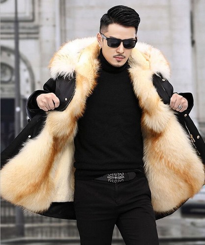 mens Faux mink fur lined long coat fur collar hooded Warm Winter parkas overcoat - Picture 29 of 40
