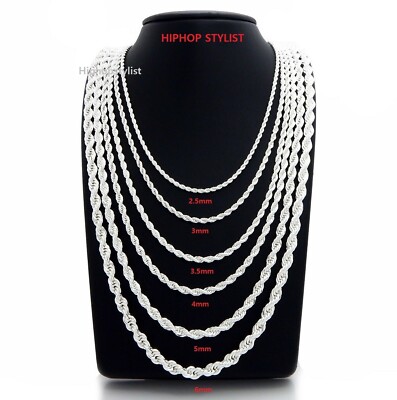 Mens Rope Chain Necklace Bracelet to 6mm 925 Silver Plated