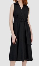 Tahari ASL Women's Black Linen Blend Faux-Wrap Midi Shirt Dress Size 12