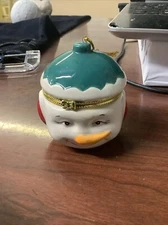Ceramic 3" Snowman Head Christmas Holiday Hinged Trinket Box Hanging Ornament