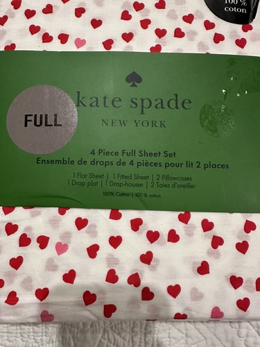 NWT Kate Spade Full Sheet Set (4pc) Cotton Percale Red & Pink Hearts White - Picture 2 of 7