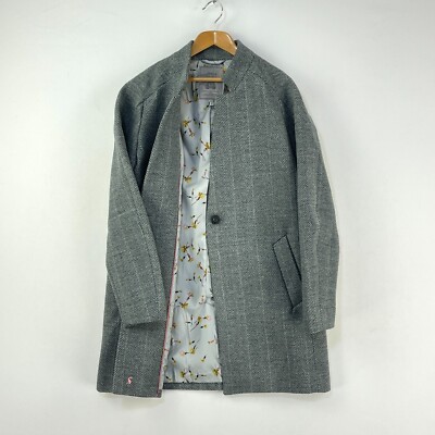 Joules Addington Wool Coat Womens 10 Grey Herringbone Tweed Overcoat Jacket