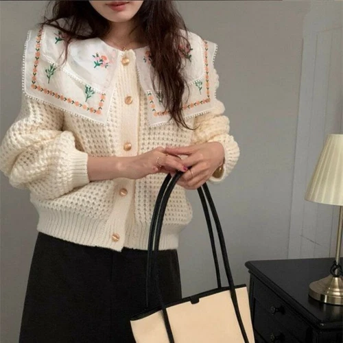 Mujeres Cuello Solapa Tejido Cárdigan Prendas para el torso Bordado Empalme Manga Larga Suéter - Imagen 4 de 9