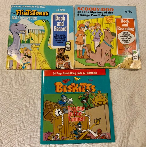 Hanna-Barbera Vintage Book & Record lot of 3 Flintstones, Scooby-Doo, Biskitts