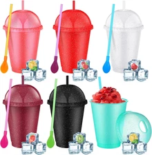 6 Set Slushie Cups with Dome Lids and Straws Detachable Spoon Straws Reusable...