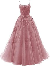 Prom Dresses Lace Appliques Long Tulle Spaghetti Straps Ball Gowns Evening Dress