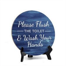 Round Please Flush the Toilet  Wash Your Hands, Washed Blue Wood Color Bathroom