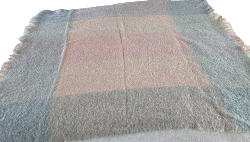Avoca Mills Mohair Wool Blend Throw Made in Ireland Plaid Fringe Blue Pink 54x64 - Image 2 of 4