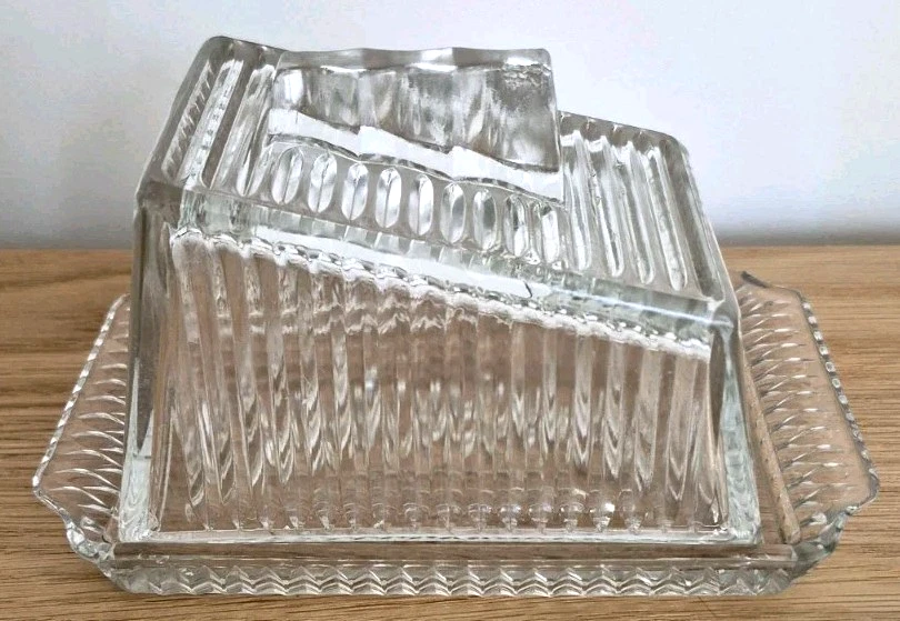 Vintage Pressed Glass Butter Dish Ribbed Art Deco Style Butter Keeper