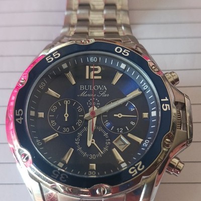 Bulova Marine Star Chronograph Silver Sport Watch Blue Dial Quartz Water Resist 