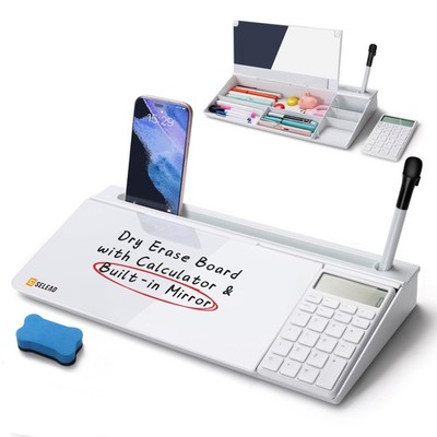 Desktop Glass Whiteboard with Calculator, Mirror, Drawer, Dry Erase Stand