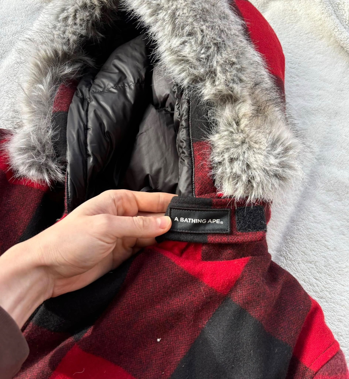 Bape Woolrich Red/Black Plaid Arctic Fur Parka Jacket - $1300 - New - Authentic image 5