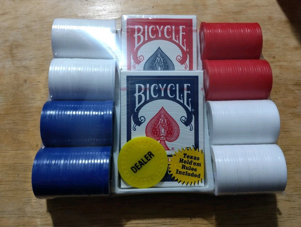 Bicycle Poker & Dealer Set  2 Decks Cards 200 Poker Chips NEW Box is worn some  - Image 3 of 4