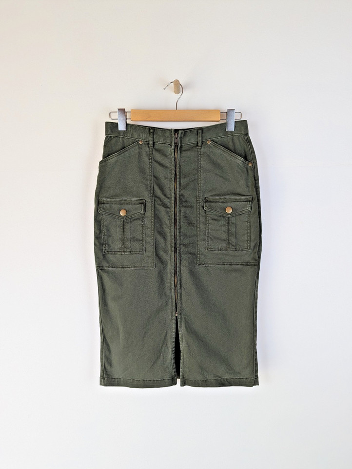 SPORTSGIRL Womens Pencil Skirt Sz 10 Green Cotton Cargo Style Straight Zip Front