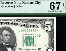 1963* 1967-J* $5 Kansas City STAR Federal Reserve Note • PMG 67 EPQ ((TOP POP))