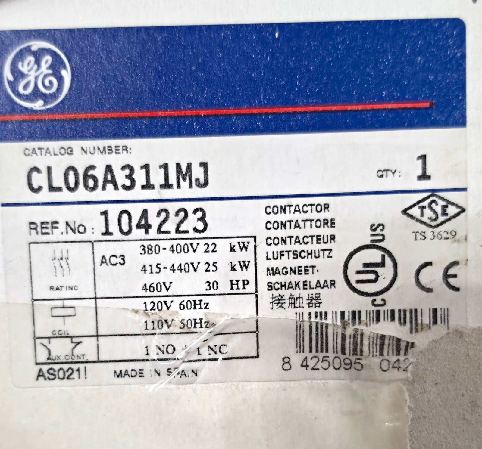 GE CL06A311MJ IEC Magnetic Contactor 3-Pole 48A 30HP 110/120V Coil