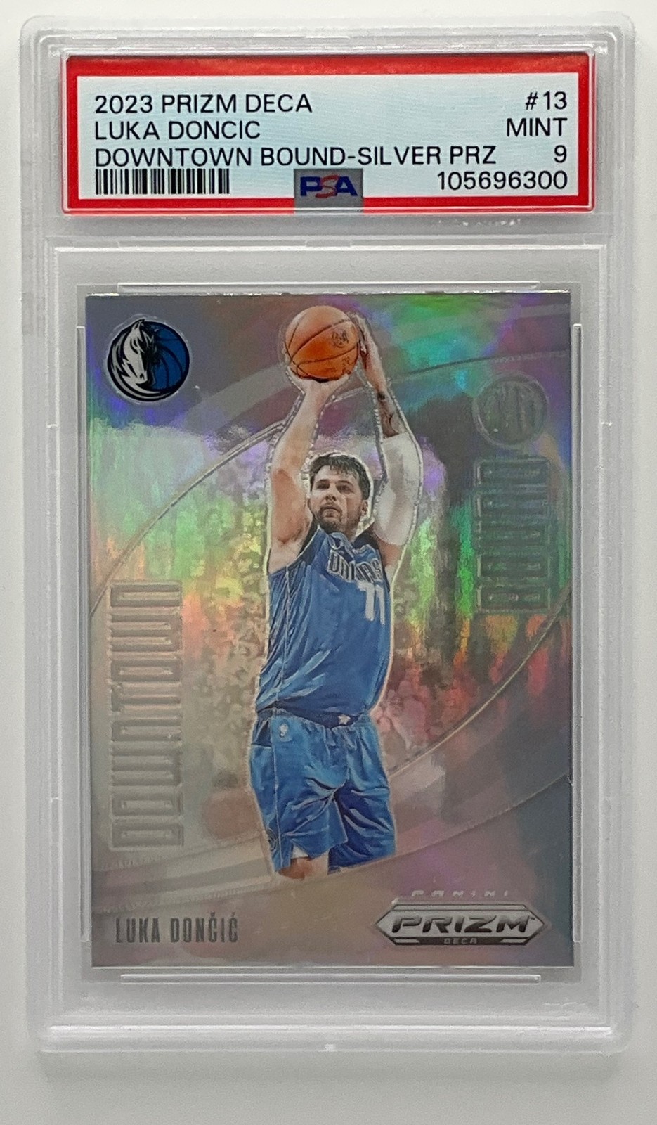 2023 Panini Prizm Deca Luka Doncic Downtown Bound Silver Prizm Mavericks PSA 9