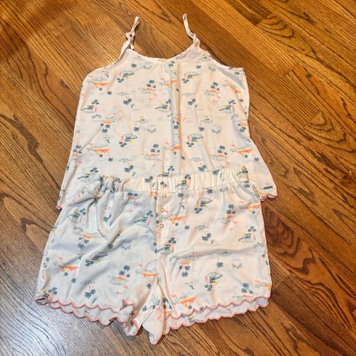 Rae Dunn Pajama Set Large Flamingo Beach Print Cami Shorts Scallop Trim Lounge