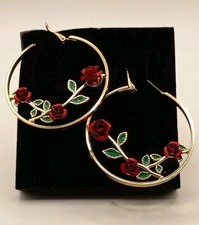 Carved Metal Red Rose Flower Vine Gold Tone 2 Inch Hoop Earrings