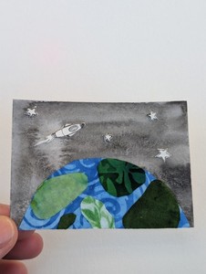 ACEO Original Art Mixed Media Rocketship In Space Signed by artist Therecreative