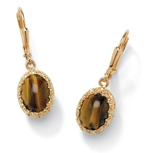 Authentic Genuine Oval Tiger's Eye Cabochon Drop Earrings Yellow Gold-Plated