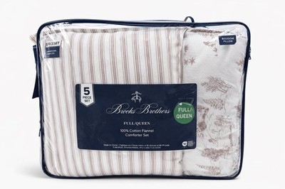 Brooks Brother Flannel Full/Queen 5 Pc Comforter Set Winter Cabin Scene Beige