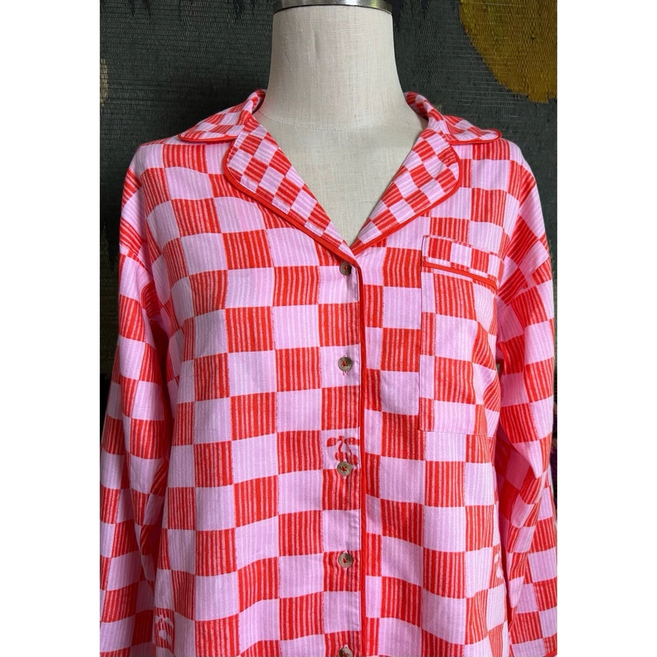 Camisa Top Pijama Anthropologie Rosa Franela Cuadros XS Foto 2 de 4