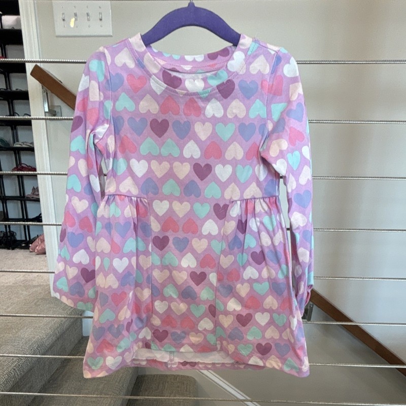 Lands' End Girls Pink Purple Fit & Flare Long Sleeve Heart Print Dress XXS 2-3