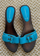 F&F Platform Mule Sandals Womens - Size UK 6 EU 39 - Wooden Heels - Blue