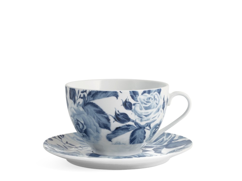6 Jumbo Cups Rose Blue Model H&H Porcelain White & Blue CC370