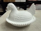 Vintage Milk Glass Hen on Nest Covered Dish White Chicken Candy Bowl Beaded Edge
