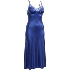 Amoureuse Royal Blue Satin Lace Trim Nightgown Strappy Back Size L 18/20
