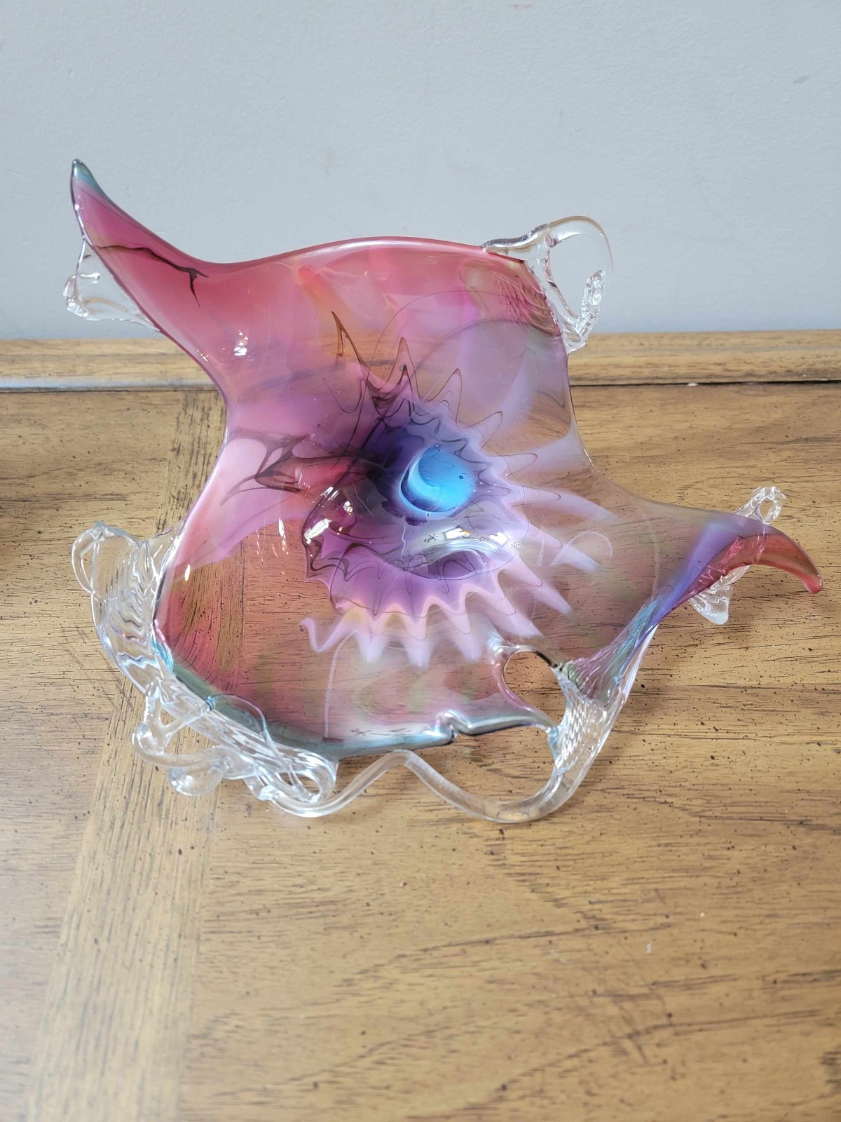 Vintage Hand Blown Iridescent Art Glass Bowl Pink Blue Swirl Ruffled Centerpiece