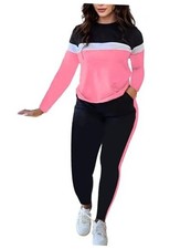 Women's 2 Piece Tracksuit Set Long Sleeve Color Block Pullover Large Baby Pink