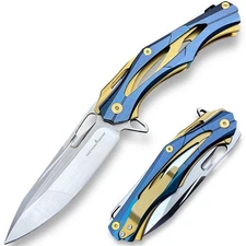 Stainless Steel Handle Folding Knife! D2 Steel Blade! Ball Bearing Pivot!