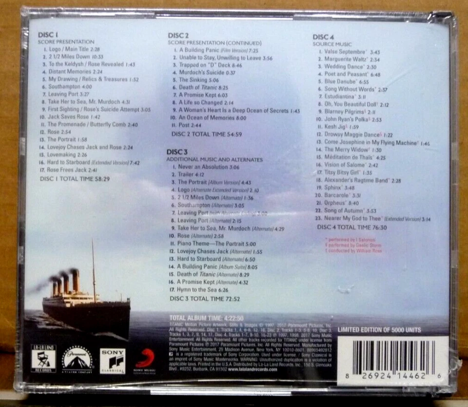 TITANIC 20th Anniversary Soundtrack Score LA-LA LAND (4-CD Set) James Horner NEW - Image 2 of 4